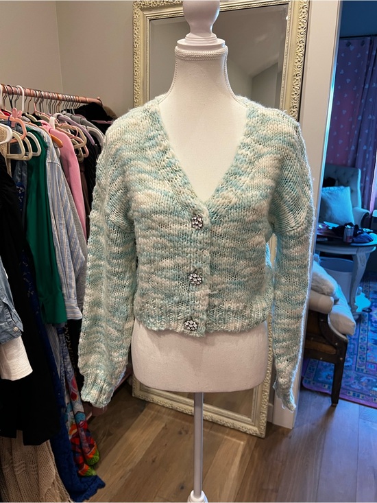Universal Thread Sweaters - Universal Thread Mint Marled Cropped V-Neck Cardigan with crystal buttons